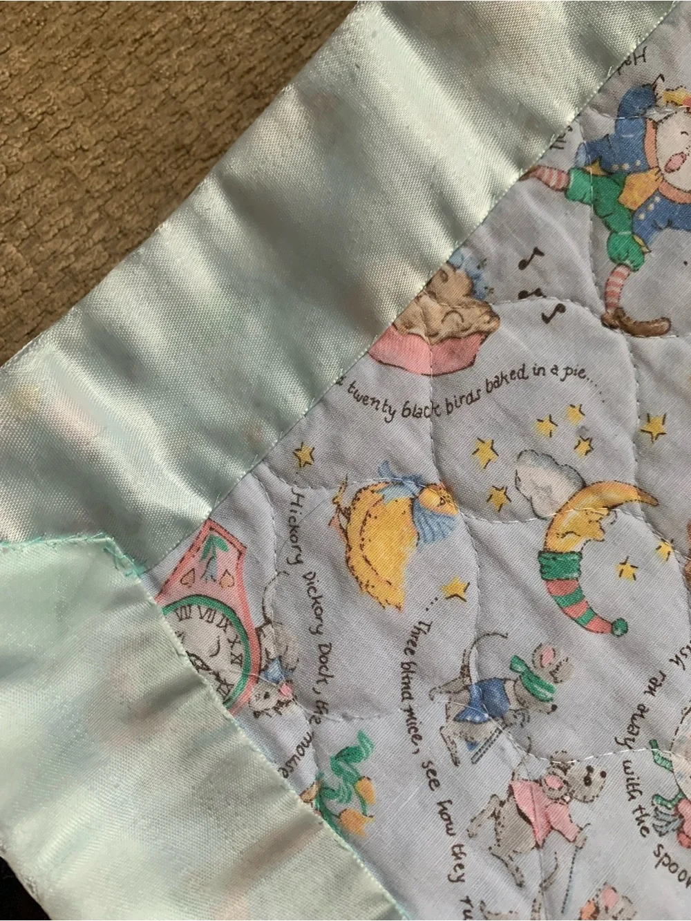 Vintage Quilted Mother Goose Baby Throw w/Trim Pastel Mint & Multi-Color